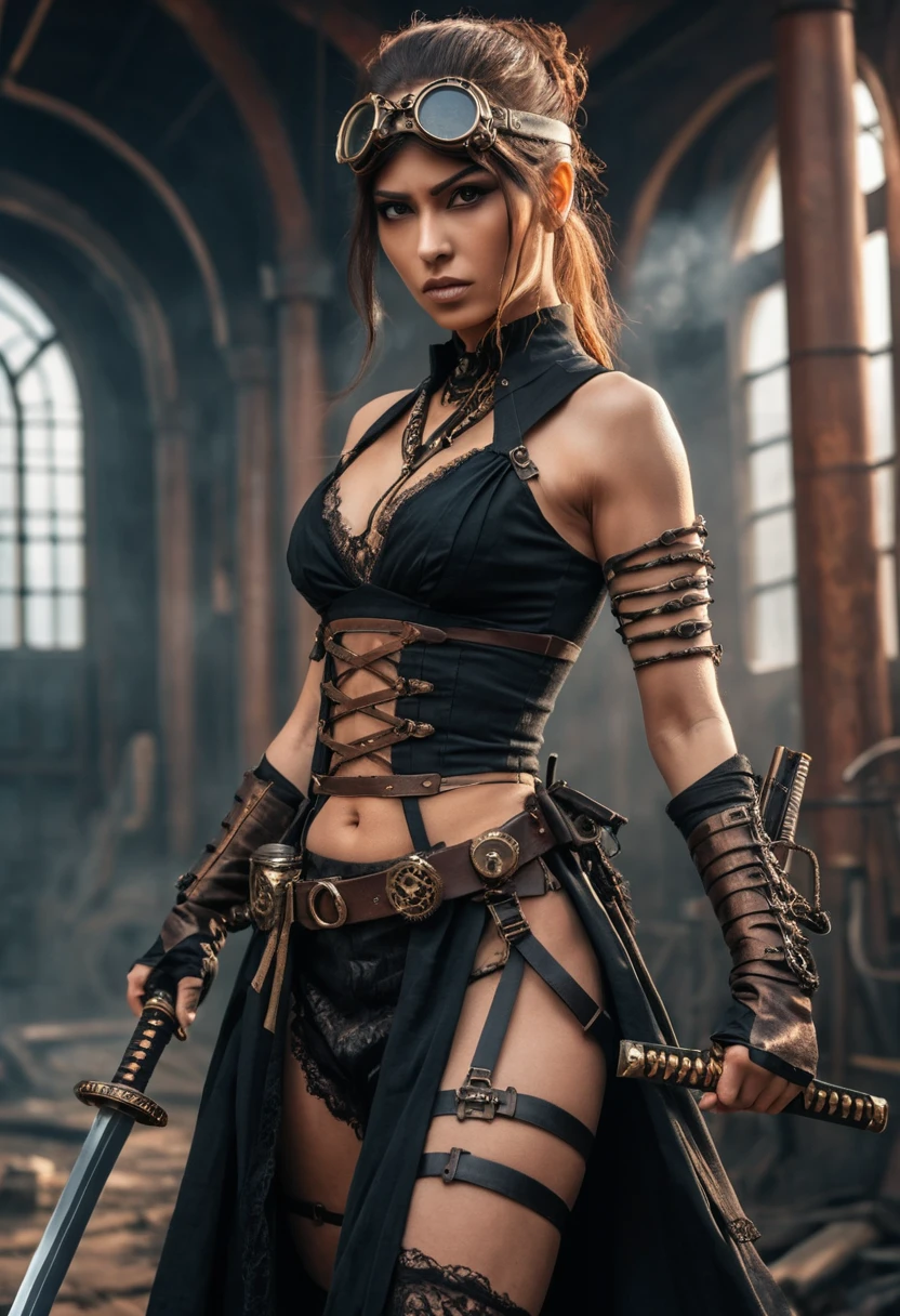 Steampunk ninja woman holding katana in a fantasy city