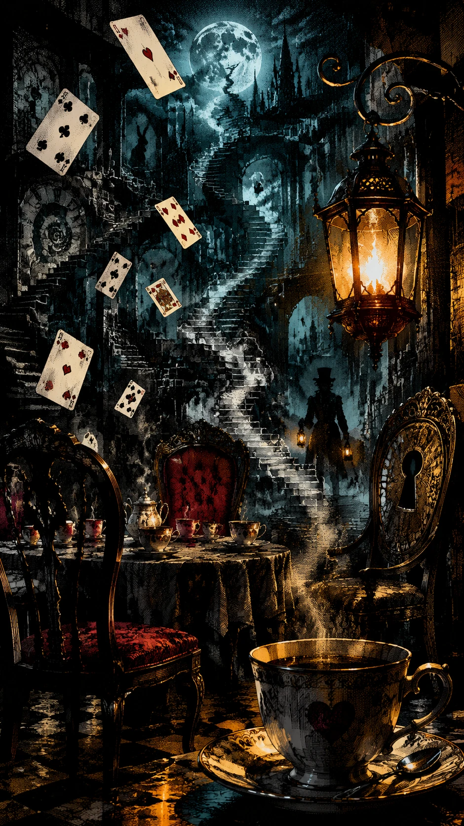 Empty Tea Party Table In Moonlit Foggy Room