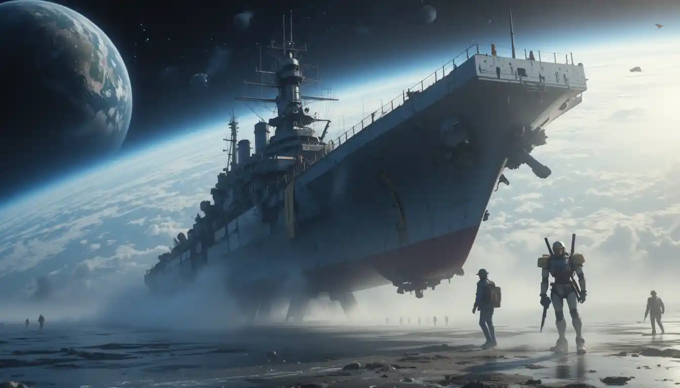 Damaged space battleship returning to a futuristic spaceport