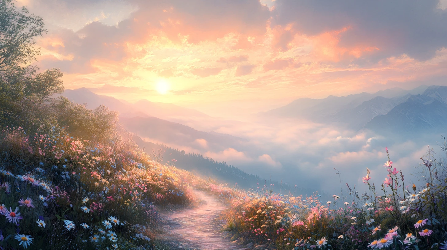 Rayos de amanecer formando una puerta sobre un sendero de montaña