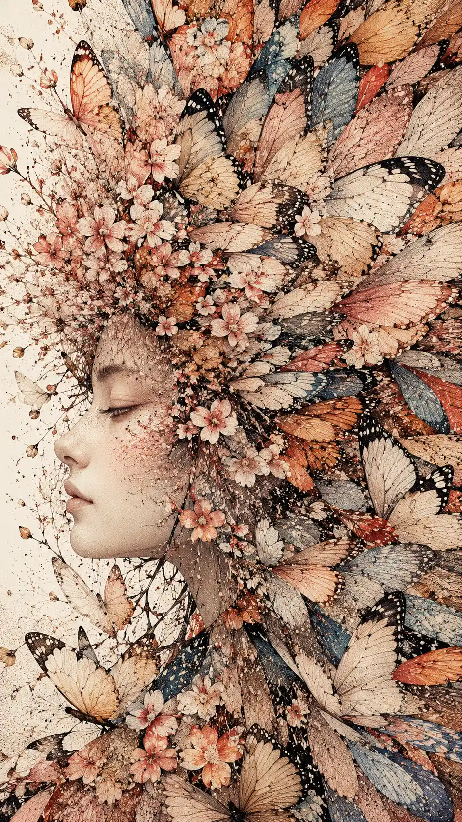 Rami fioriti surreali che si trasformano in delicate ali di farfalla
