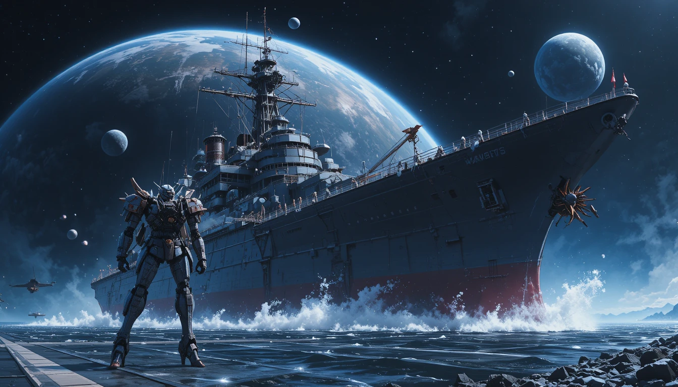 Damaged space battleship returning to Earth spaceport