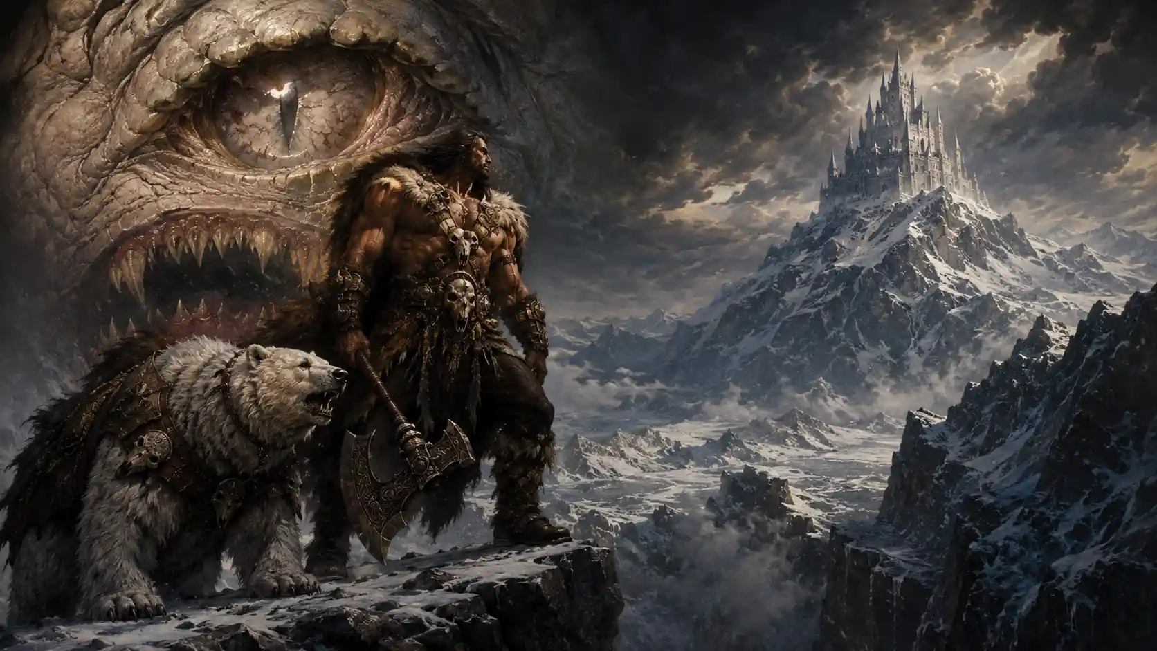 Giant monstrous eye with teeth in a baroque fantasy scene