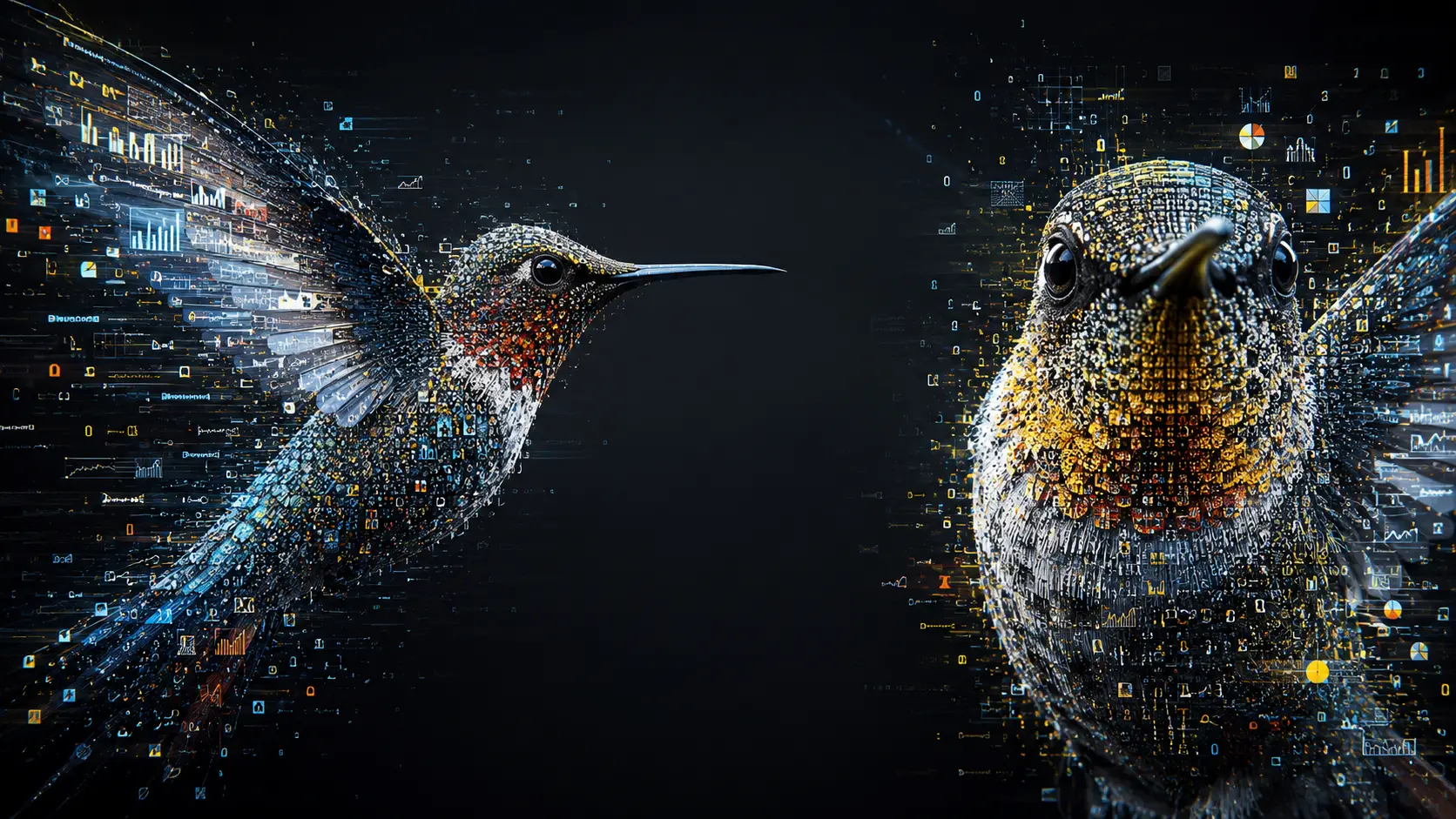 Colibríes de glifos de datos en retrato corporativo digital abstracto