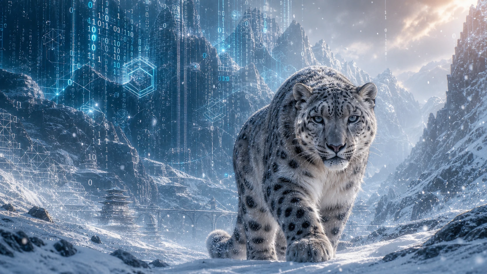 Leopardo de las nieves avanzando por un bosque digital de montaña invernal