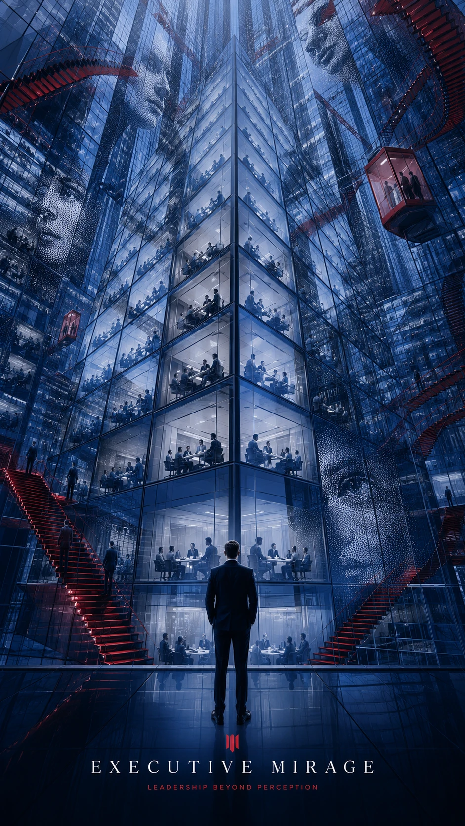 Rascacielos de vidrio surreal que refleja versiones infinitas en espejo