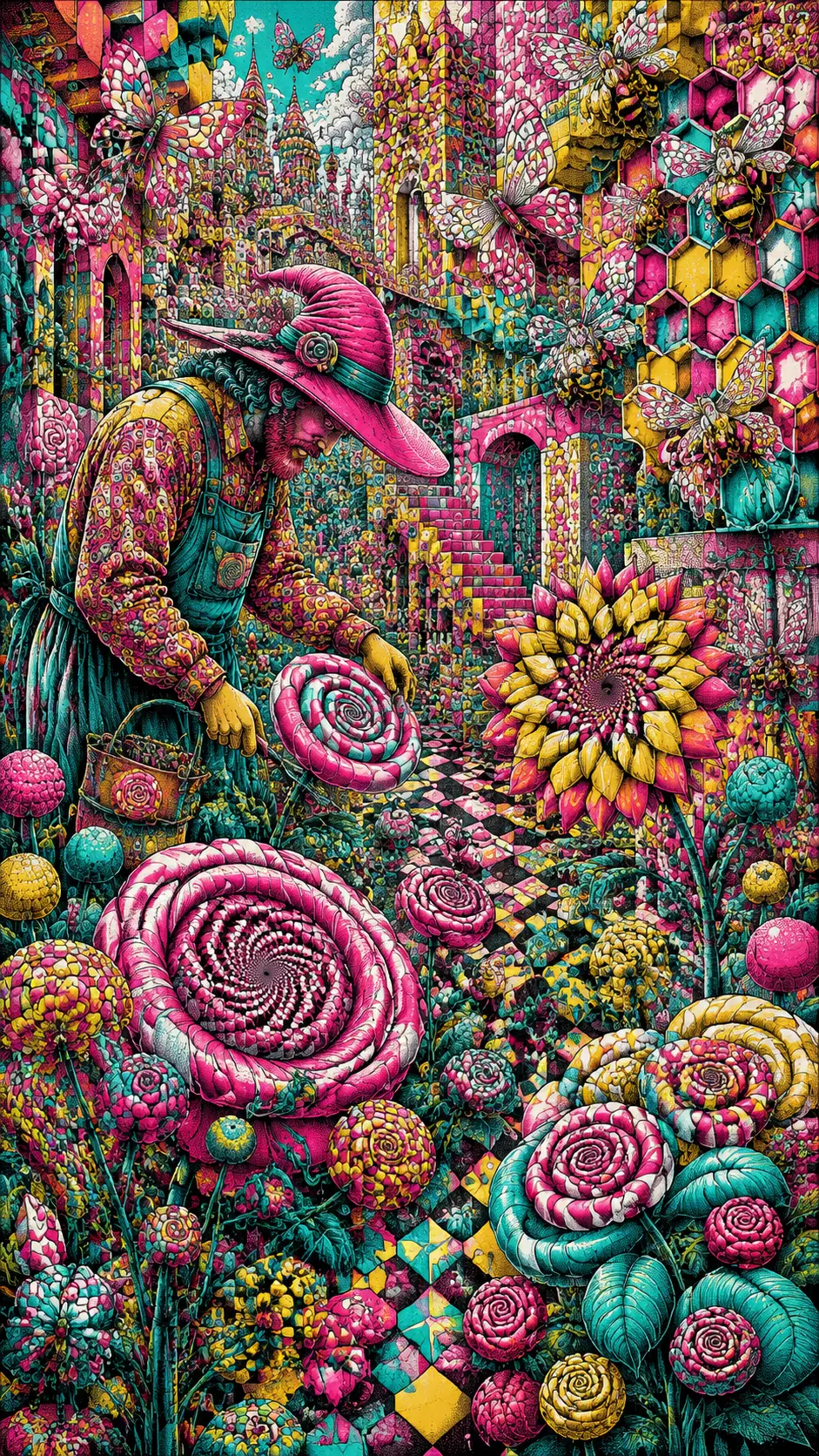 Jardinier gigantesque avec flore en bonbons dans un jardin de fantaisie surréaliste
