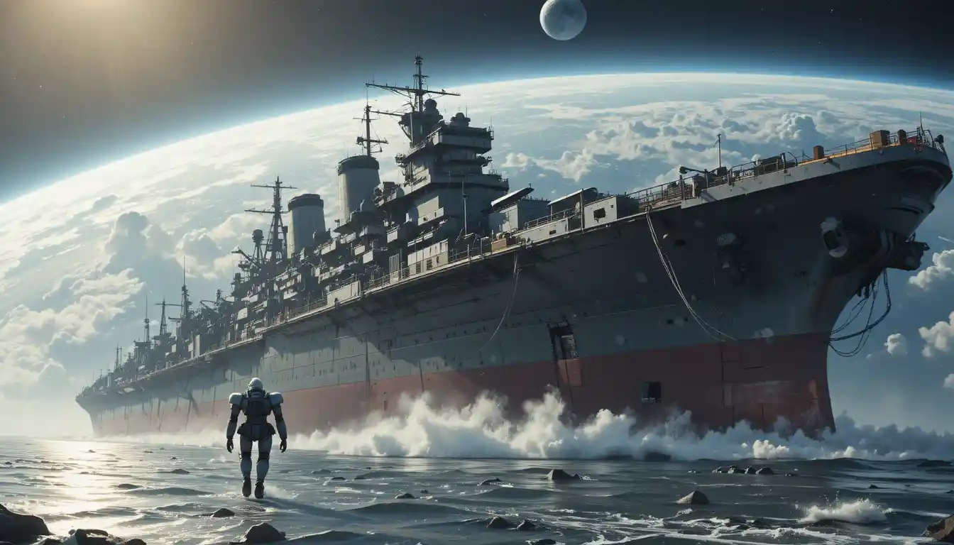 Damaged space battleship returning to Earth spaceport entrance