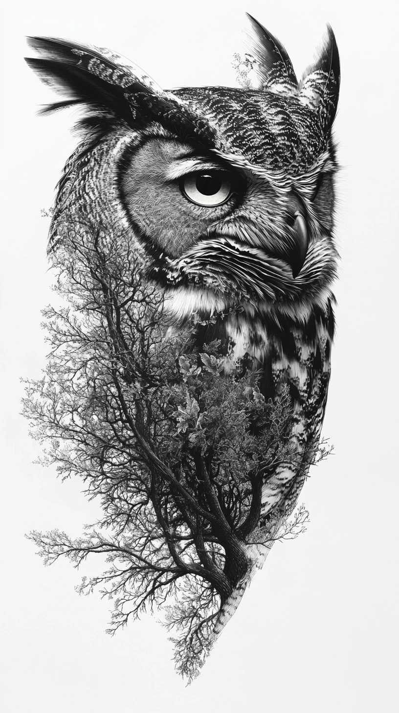 Búho surreal que se transforma en copas de bosque y fauna oculta