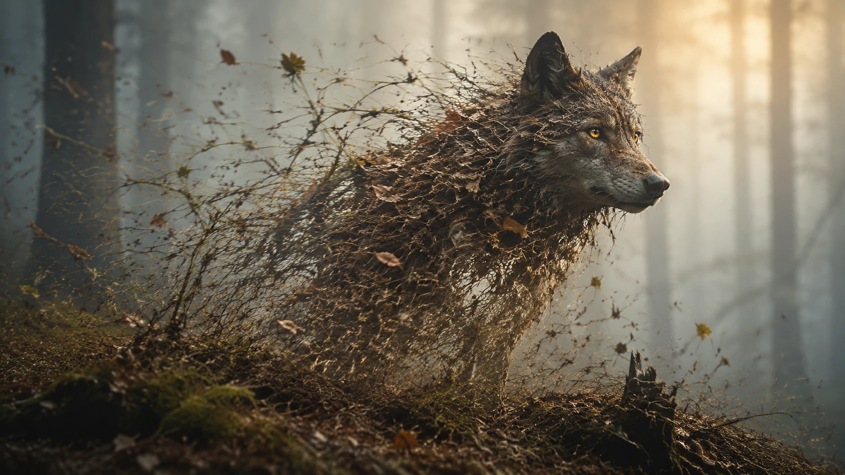 Silueta de lobo formada por hierbas y hojas del bosque agitadas por el viento