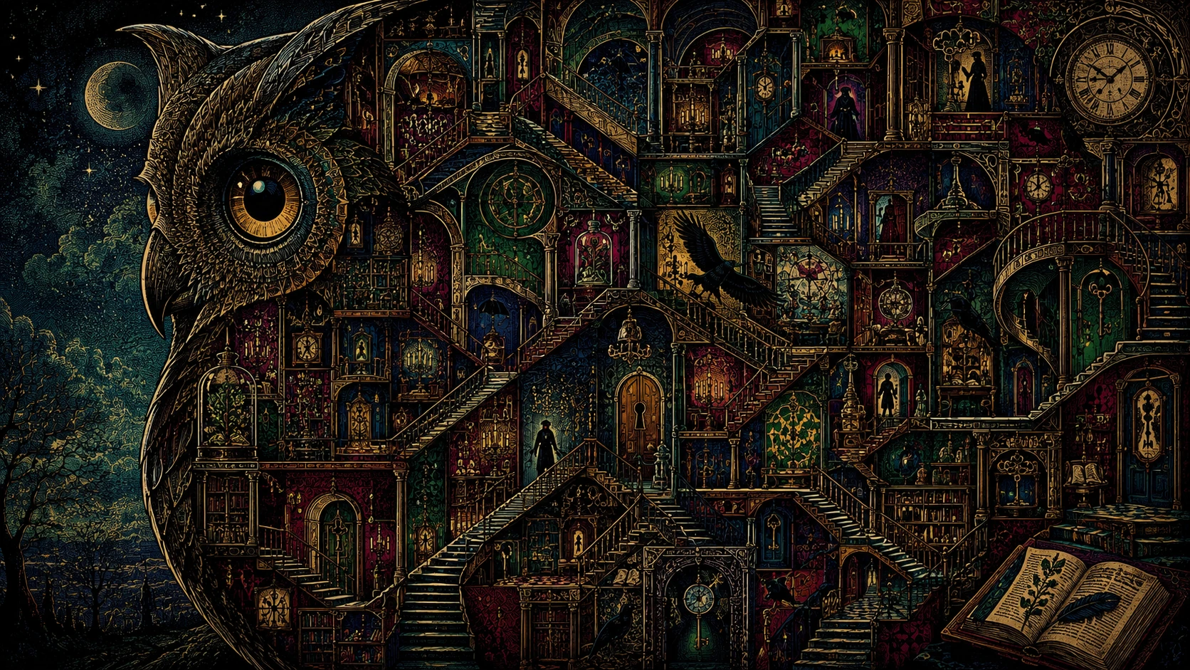 Mansión victoriana surrealista con interiores imposibles y plegados
