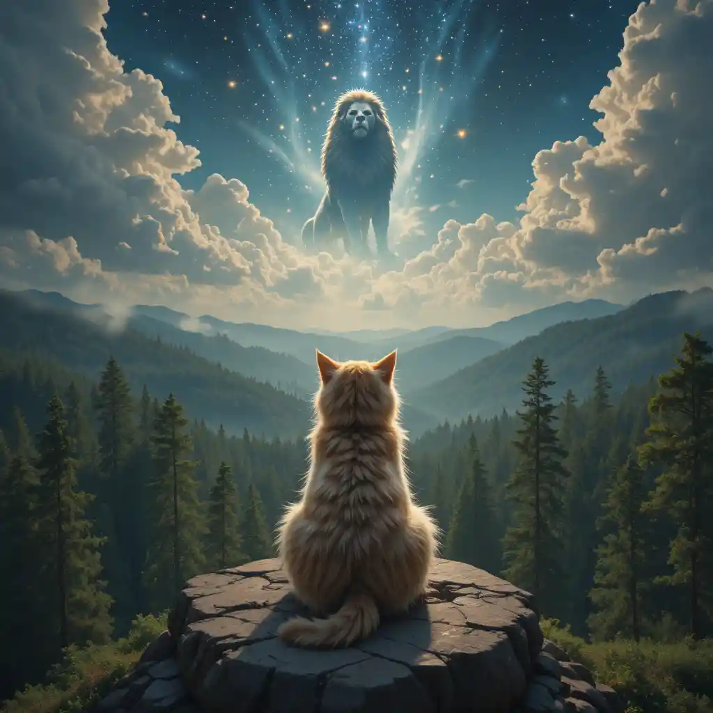 Forest kitten on cliff under a mystical starry sky