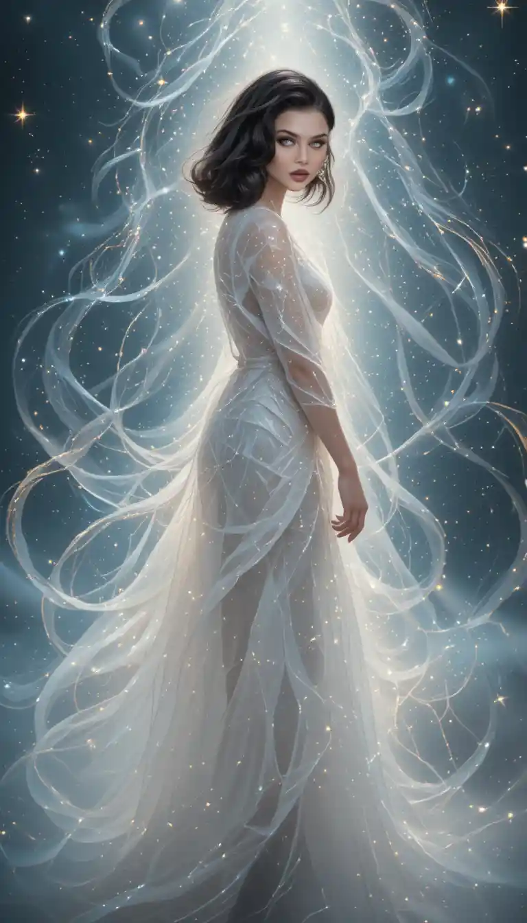 Ethereal Woman Transforming Into Light In Celestial Space