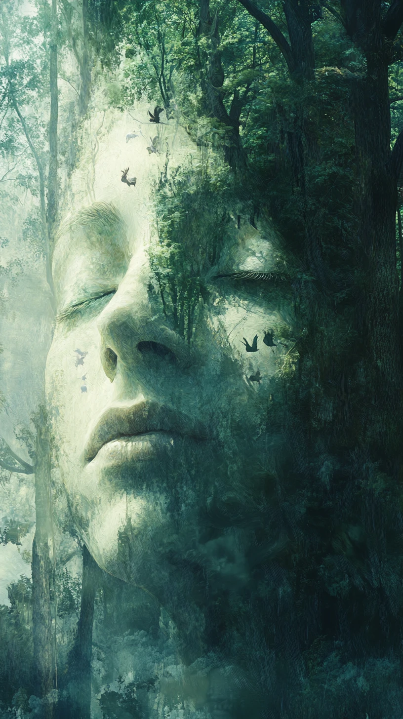 Forest illusion forming a serene young womans hidden face