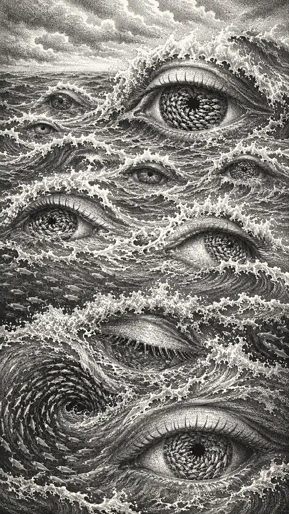 Stippled Ocean Waves Morphing Into Hidden Human Eyes