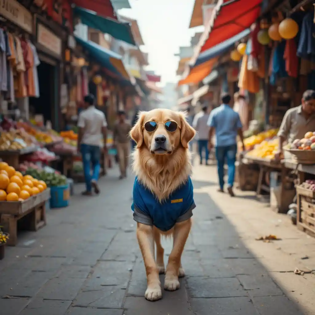 Golden Retriever läuft durch einen bunten Straßenmarkt