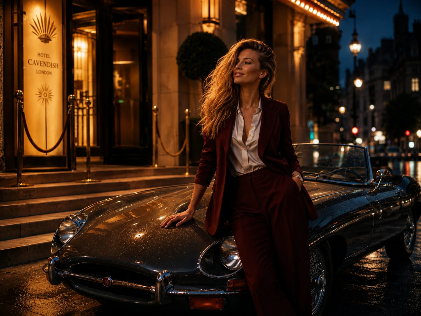 Mujer elegante con coche clásico en la entrada de un hotel art déco