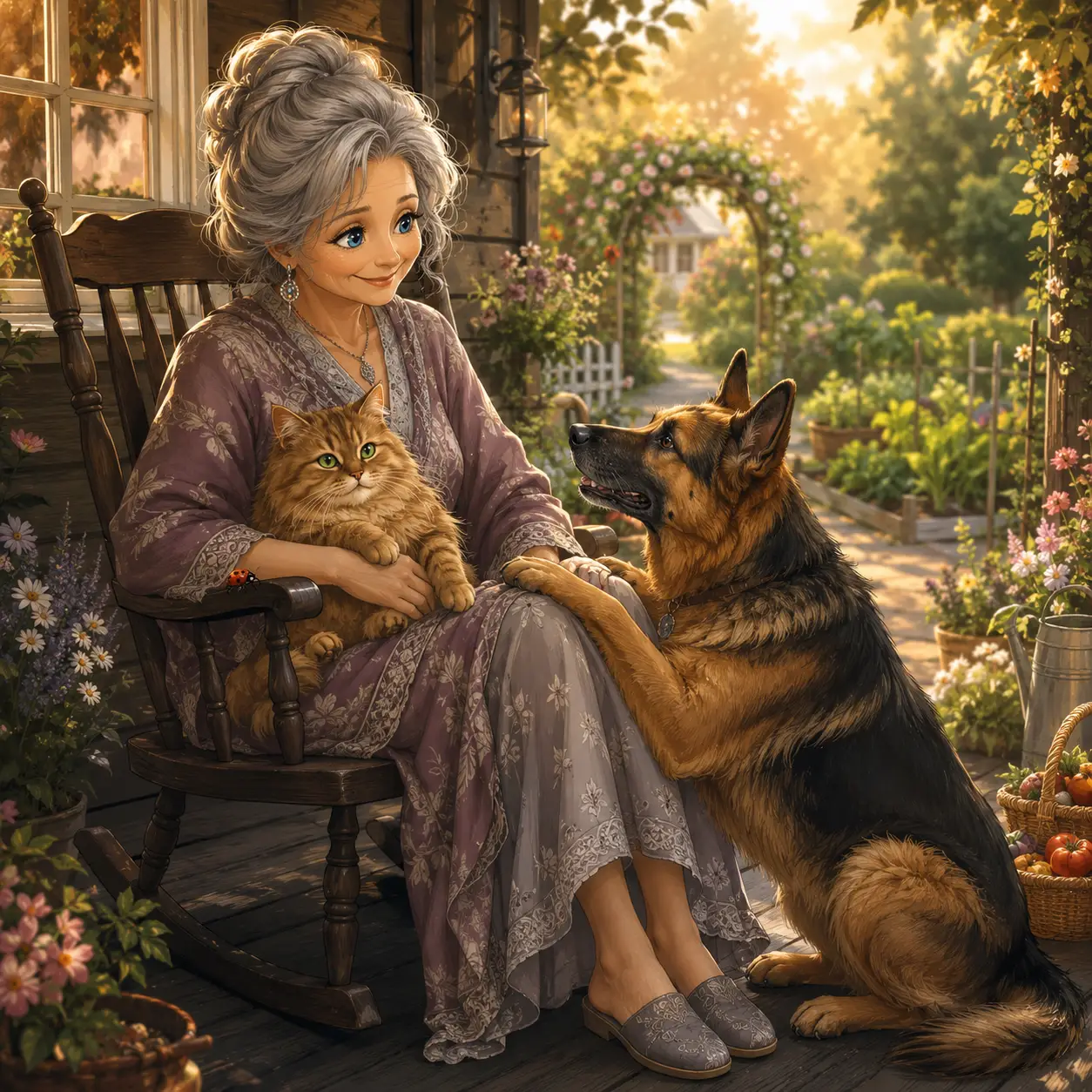 Nonna in veranda con gatto e cane al tramonto