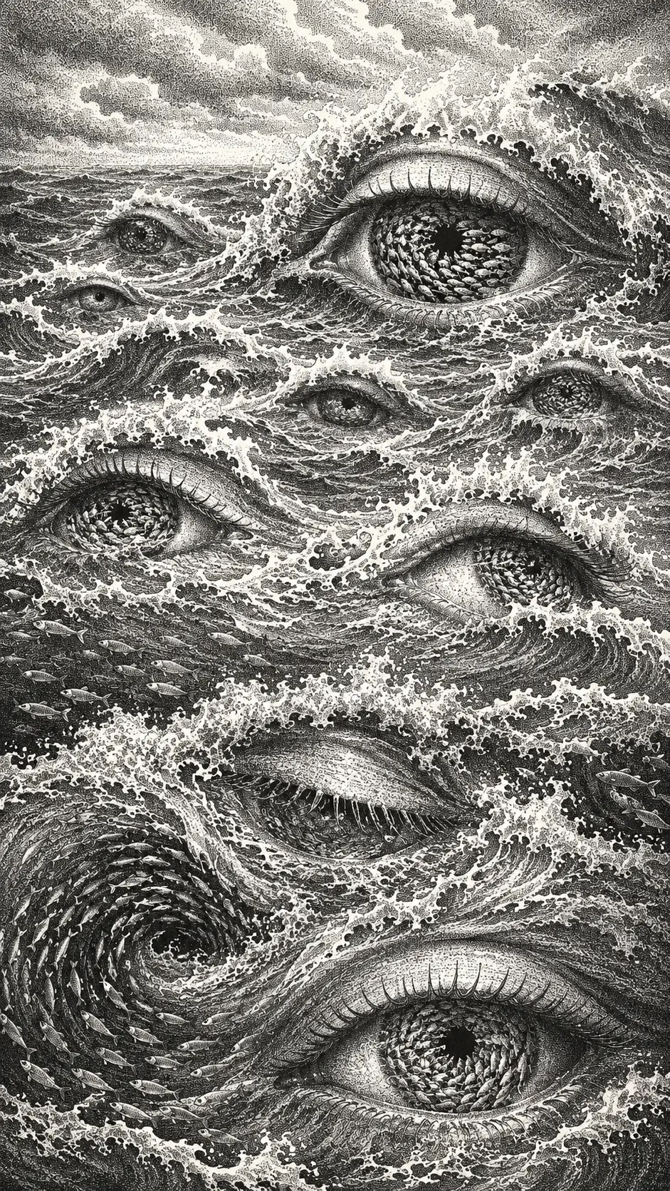 点描の海の波が隠れた人間の瞳へと変化するアート