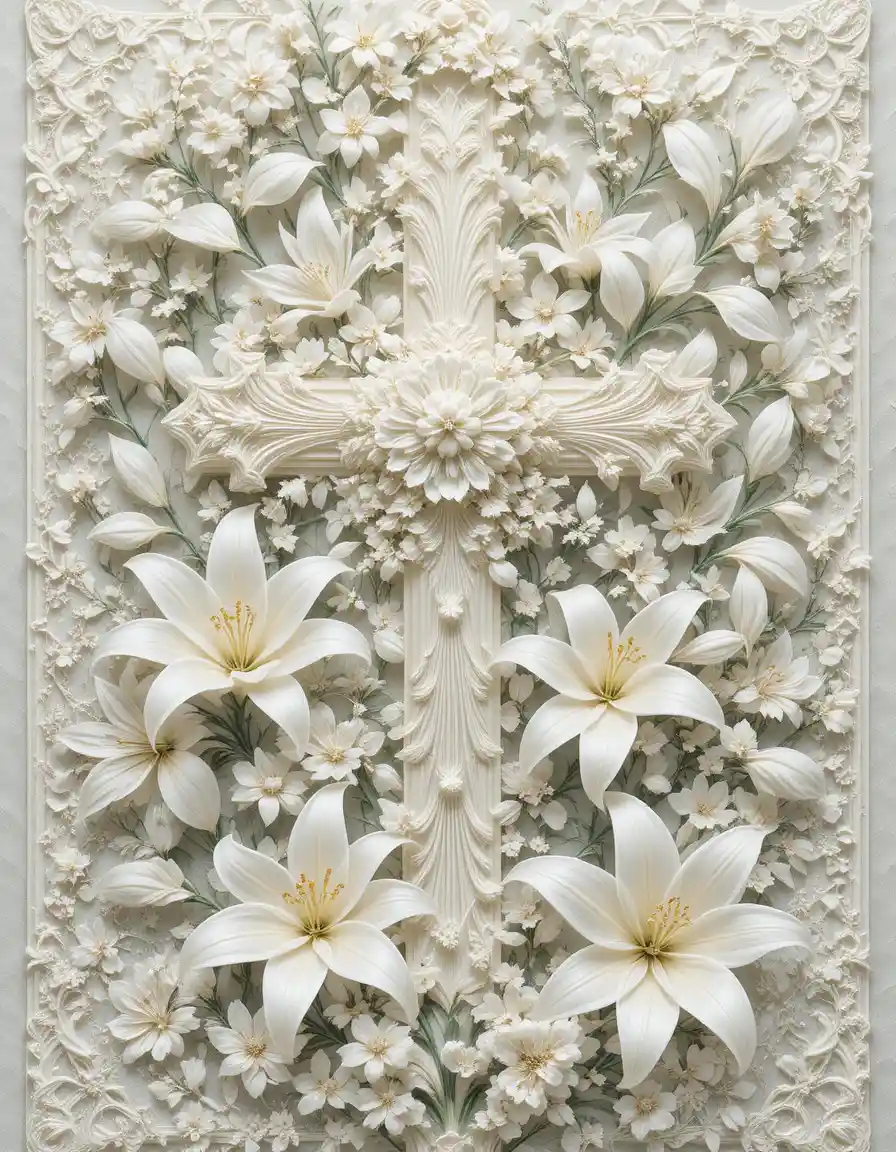 Illustrazione di croce bianca con pizzo e gigli bianchi in fiore