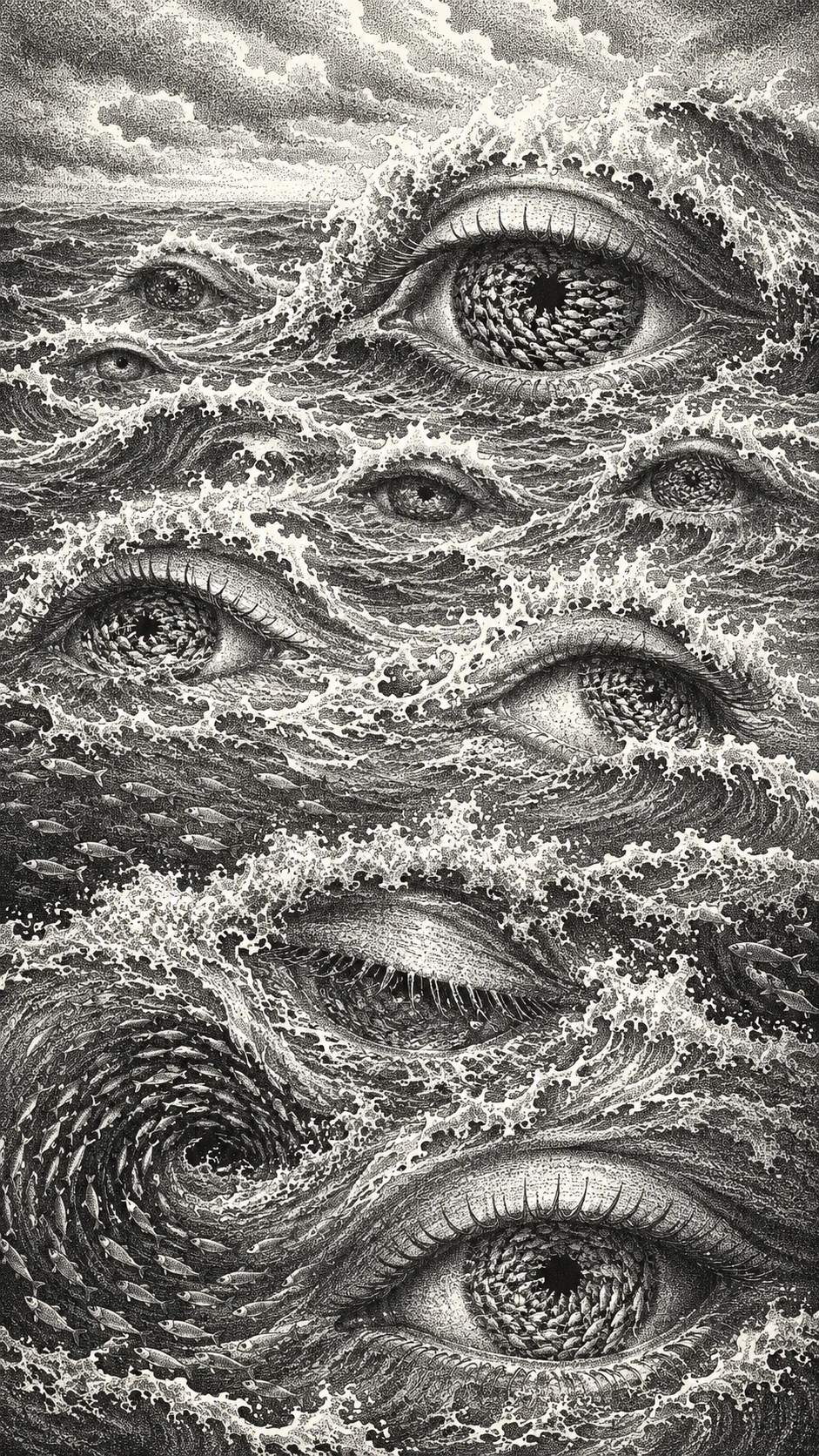 Stippled Ocean Waves Morphing Into Hidden Human Eyes