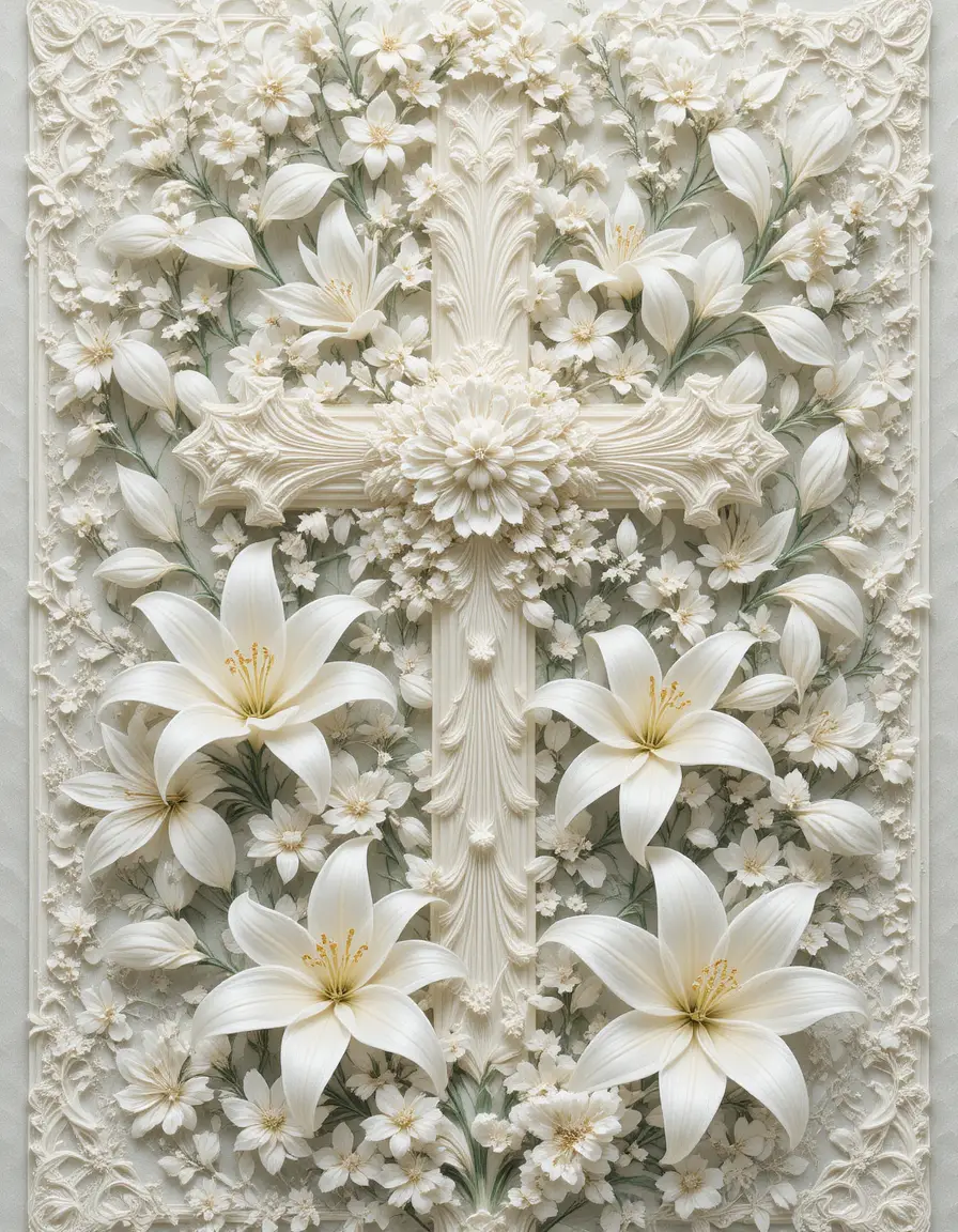 Illustrazione di croce bianca con pizzo e gigli bianchi in fiore