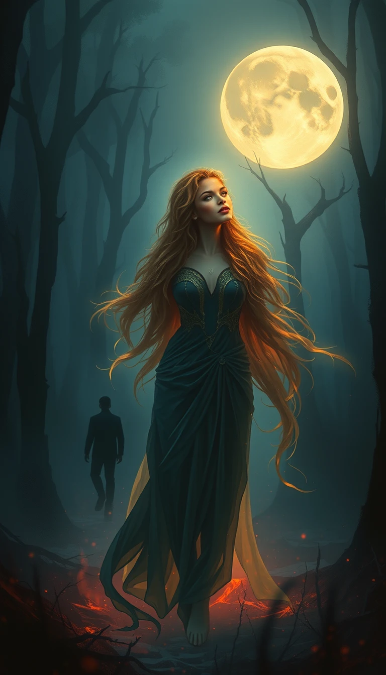 Mysterious woman under the full moon in a misty forest