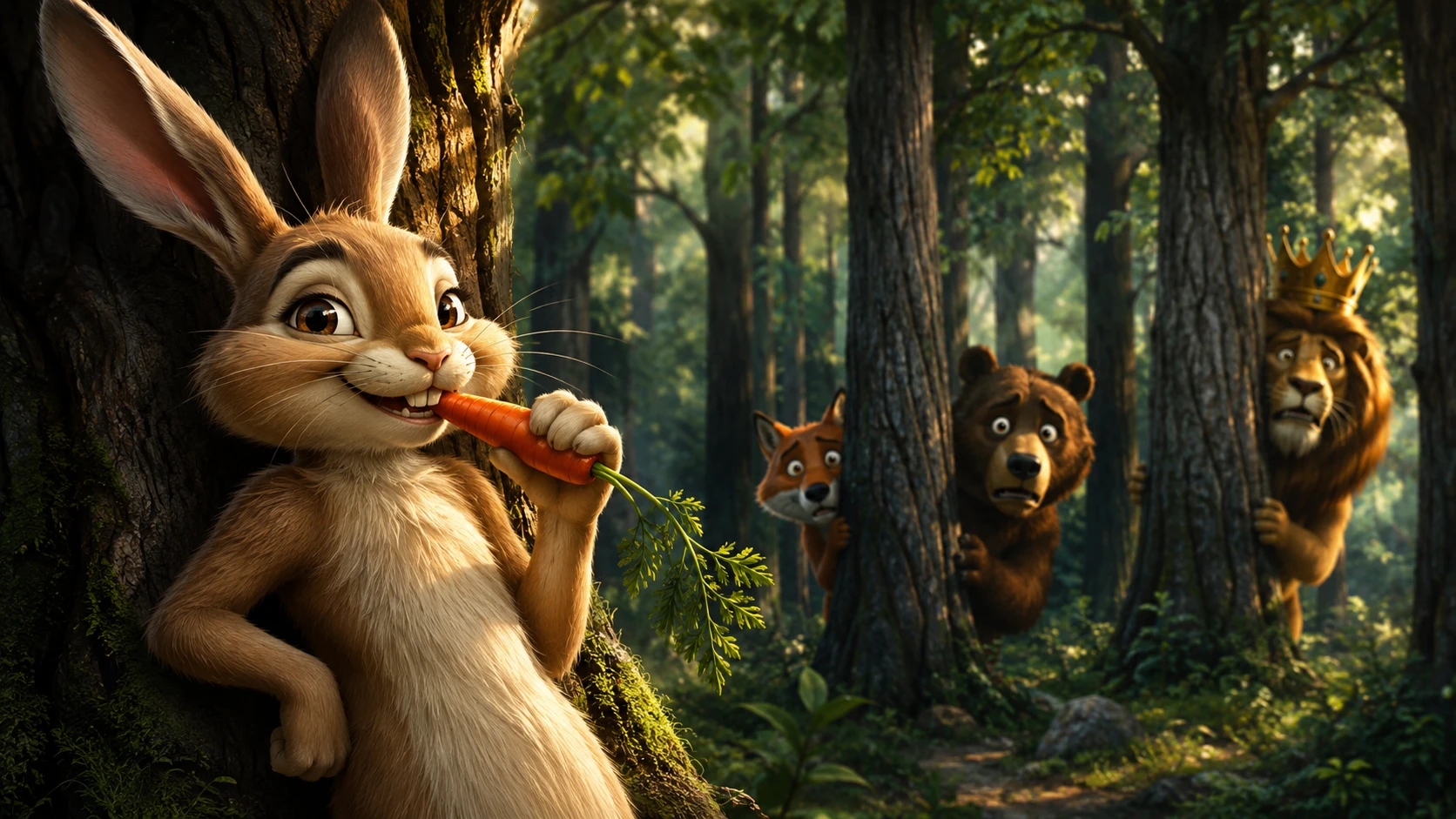 Conejo Alegre con Zanahoria en Escena de Bosque Colorido
