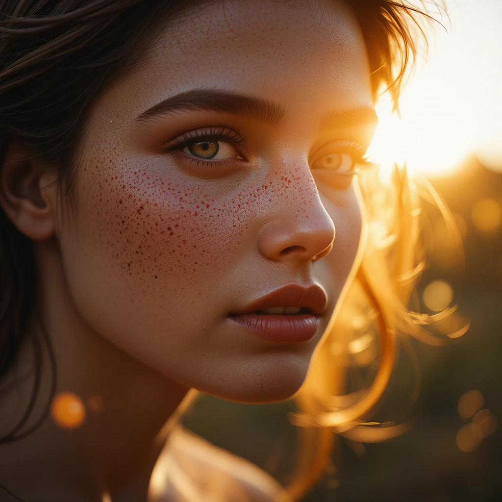 Retrato en primer plano de una joven con pecas a la hora dorada