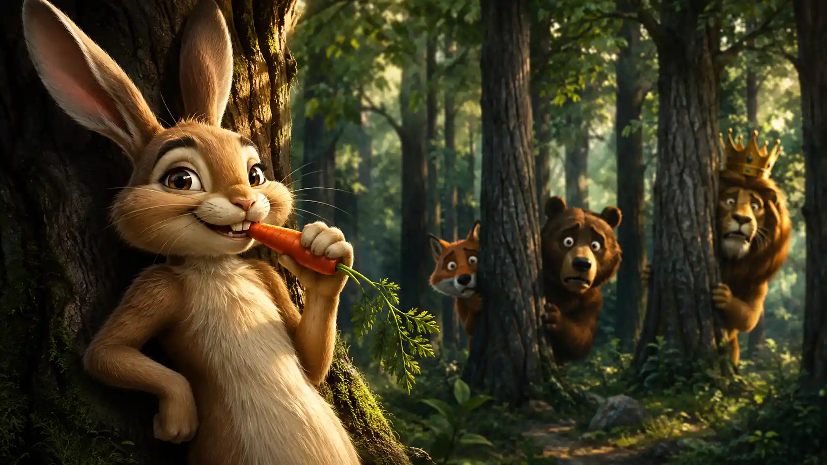 Coniglio Allegro con Carota in una Colorata Scena di Foresta