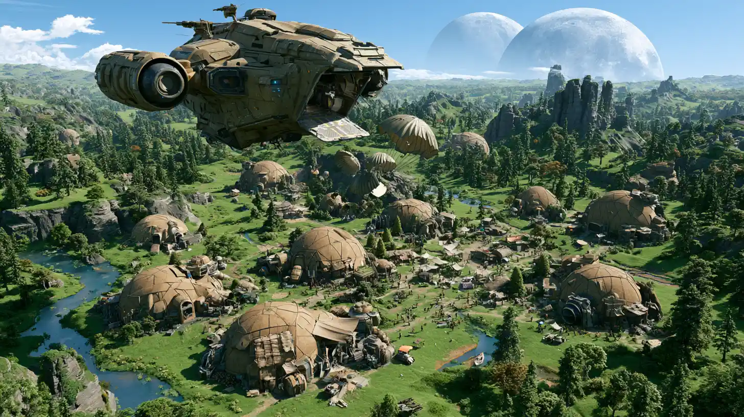 Gigantic supply spaceship over a dome mining colony