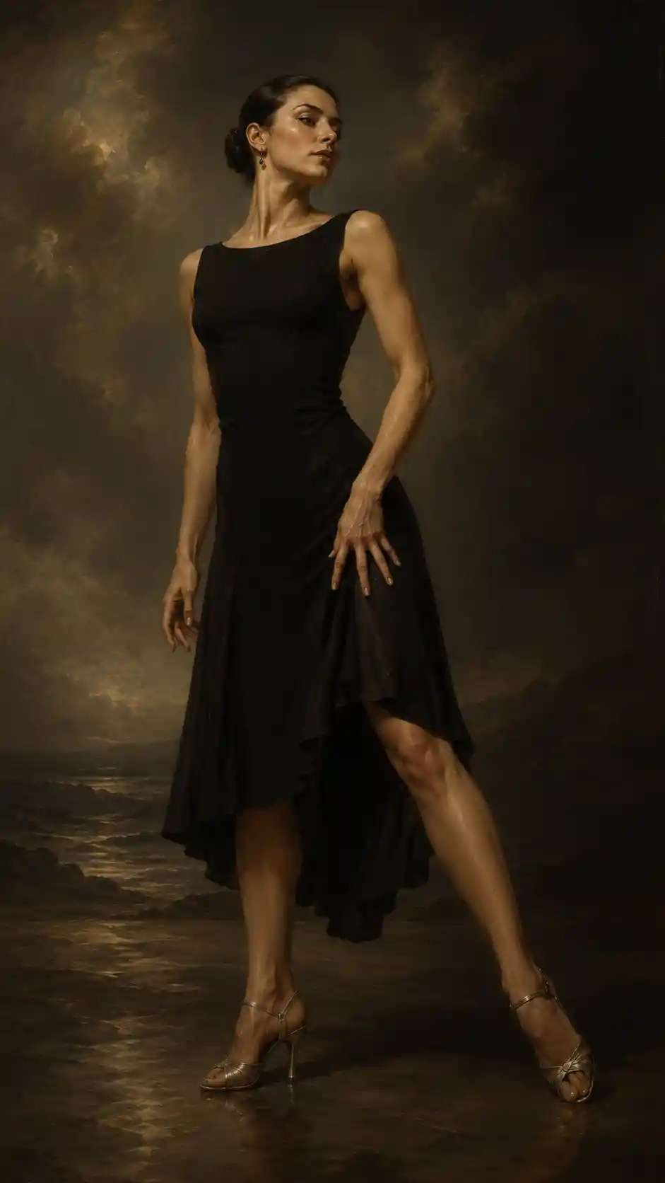 Bailarina de tango en pintura al óleo clásica con luz dramática