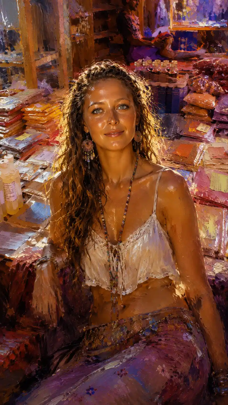 Giovane ragazza hippie che posa nella luminosa luce del sole mediterraneo