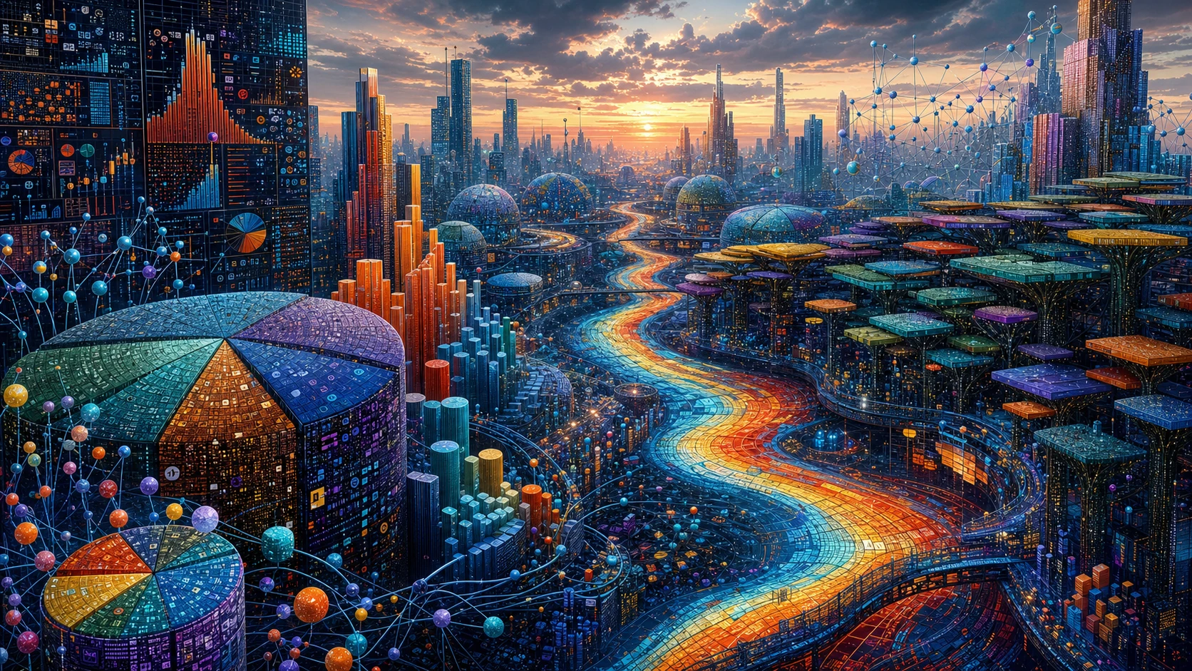 Paisaje urbano futurista construido a partir de visualizaciones de datos vivientes