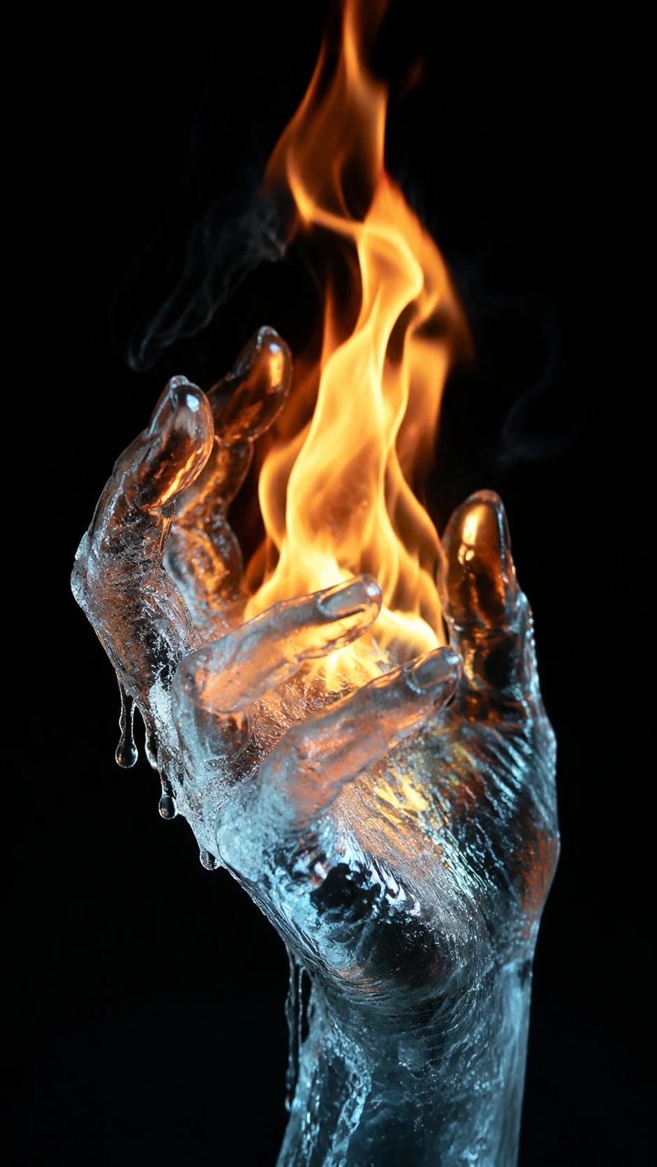 Dita di ghiaccio cullano una fiamma fragile su velluto scuro