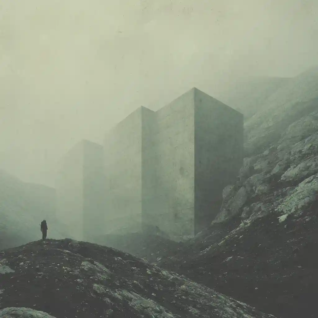 Moody surreal abstract scene with fog and concrete textures