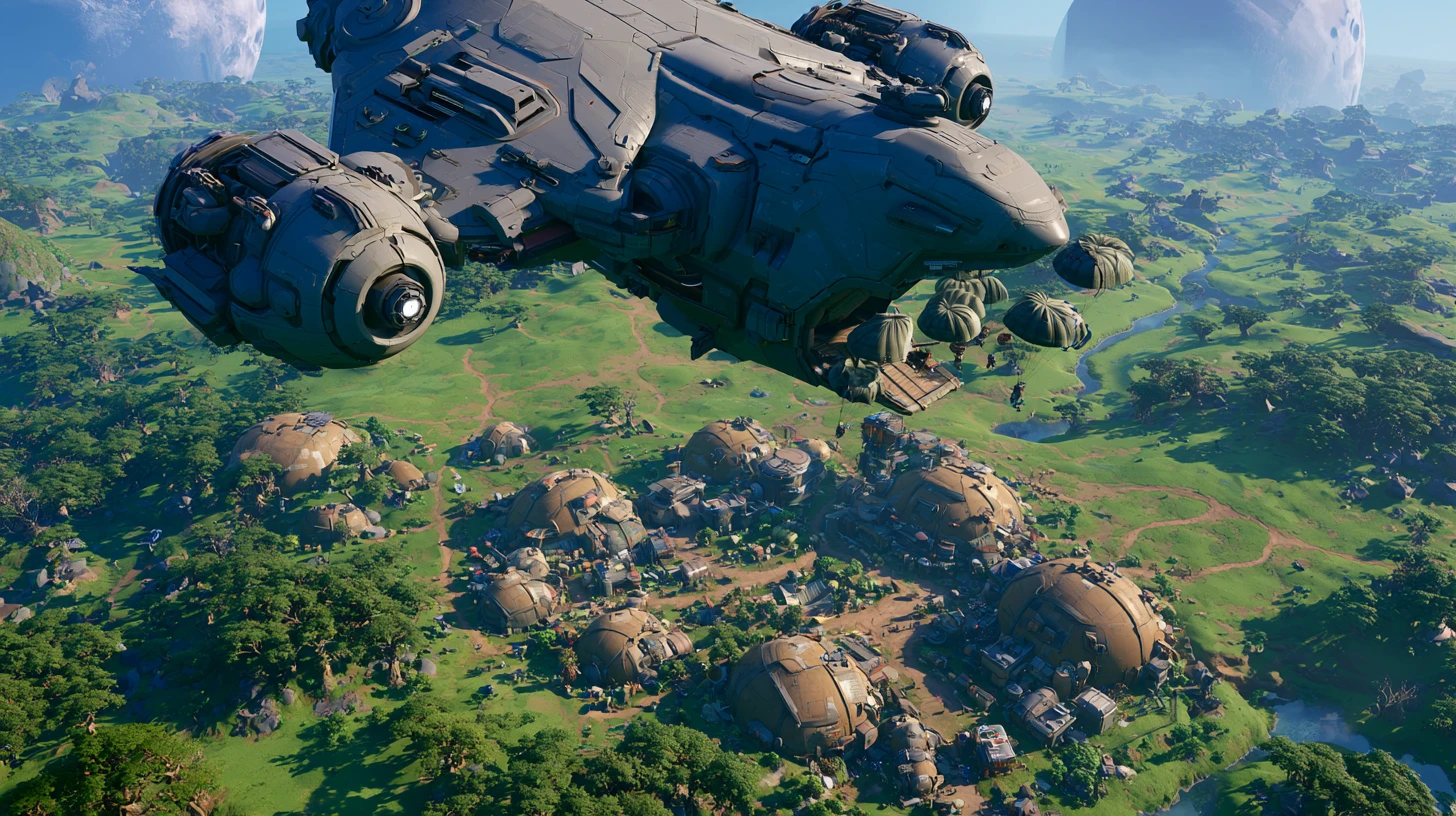 Gigantic supply spaceship over domed mining colony