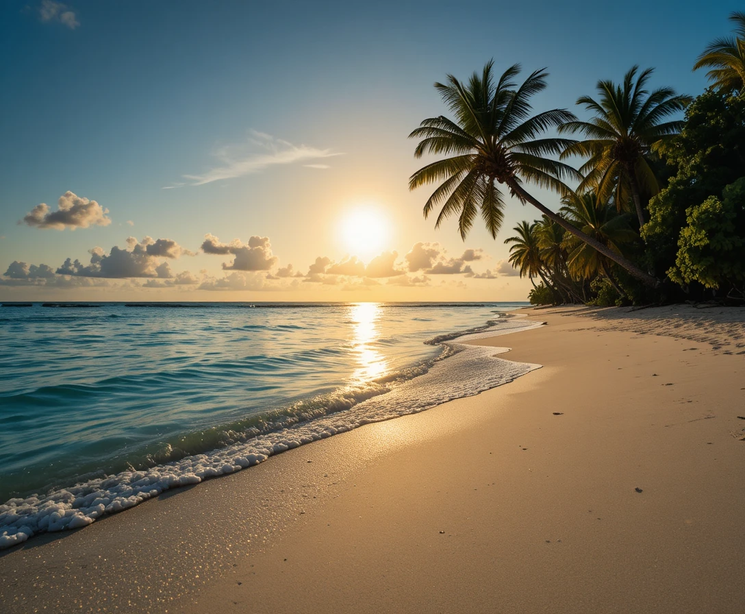 Tropischer Strand bei Sonnenuntergang mit Sonnenstern hinter Palmen
