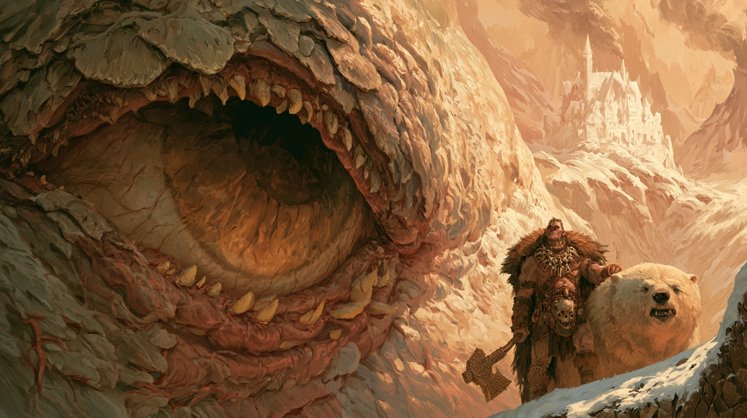 Grotesque giant eye monster with gaping toothy mouth