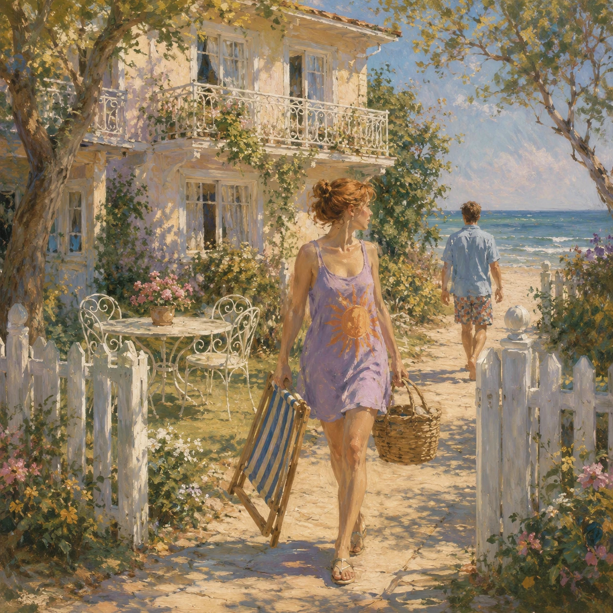 Summer beach house garden with couple enjoying the day