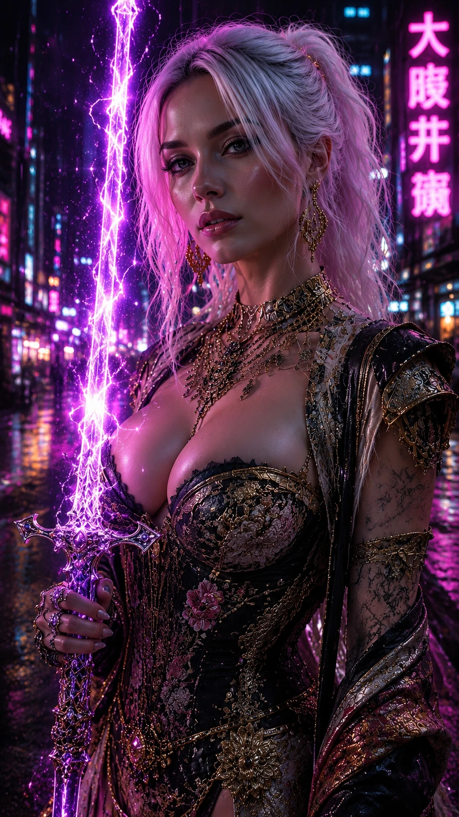 Primer plano cyberpunk neón de mujer con florete brillante
