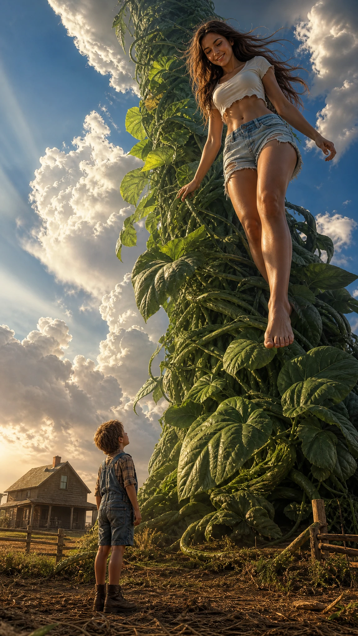 Chica gigante descendiendo por una enorme planta de frijoles sobre llanuras rurales