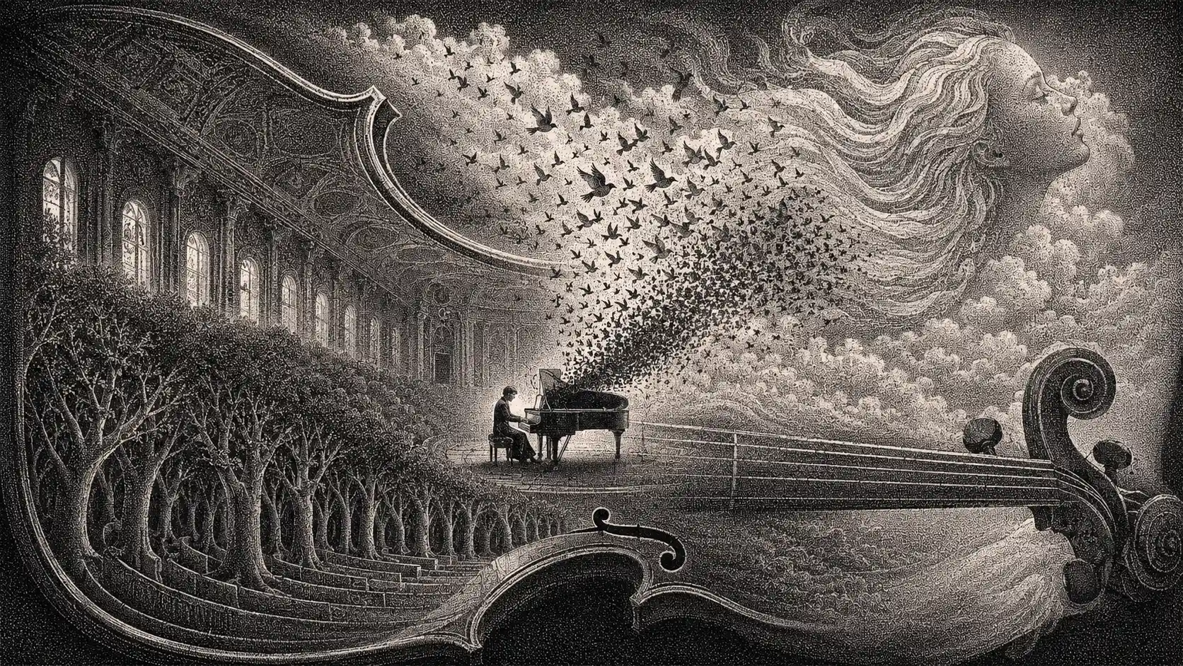 Pianist Performing Alone Inside An Abandoned Theater
