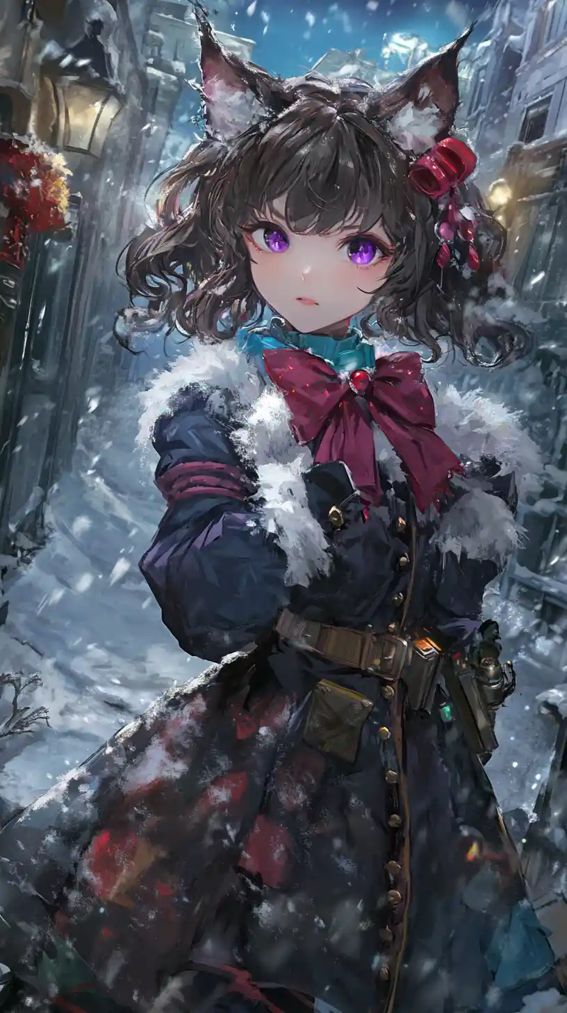 Anime girl in winter dress on an old house staircase