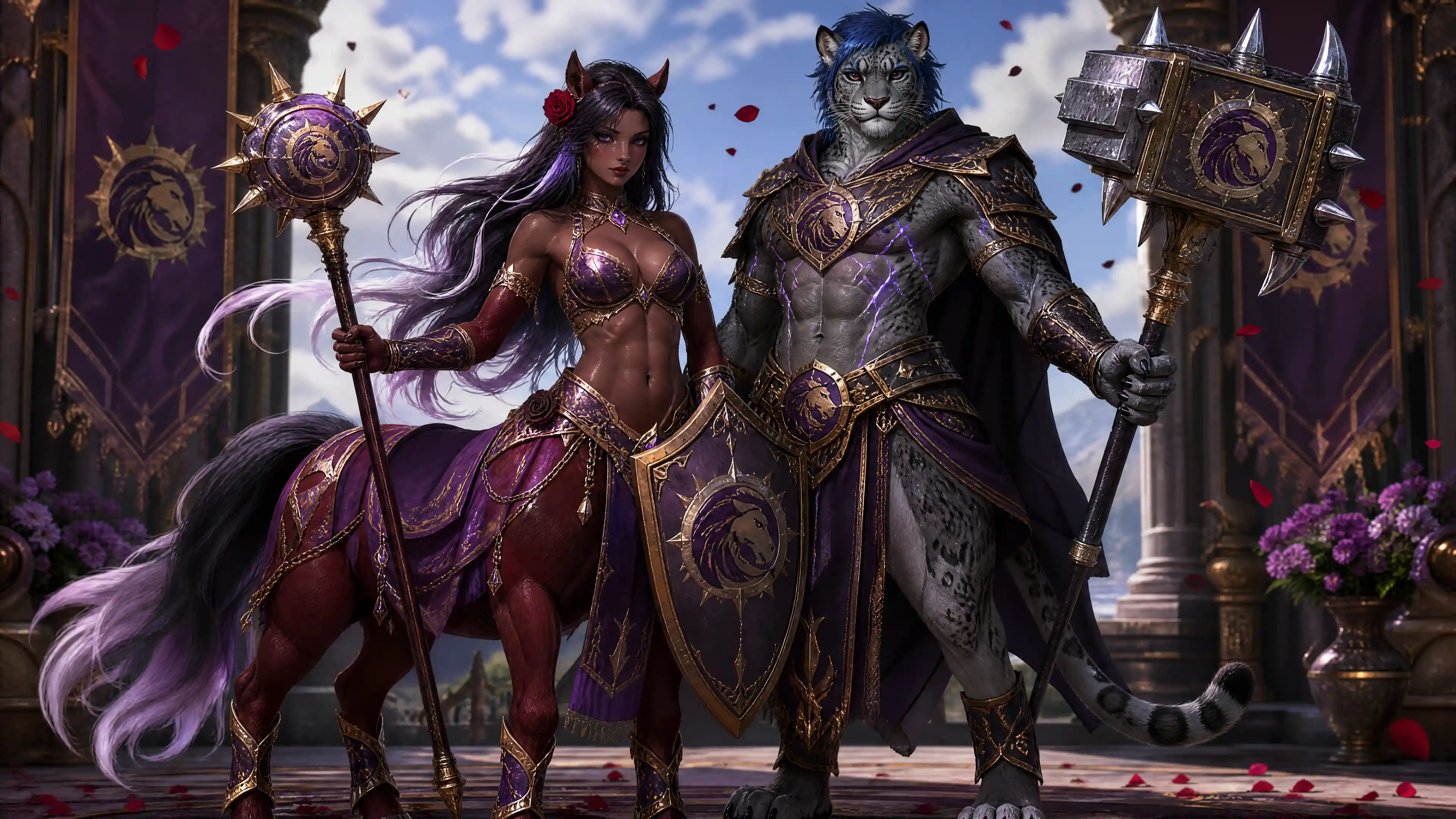 Regal primordial centaur queen with royal mace and shield