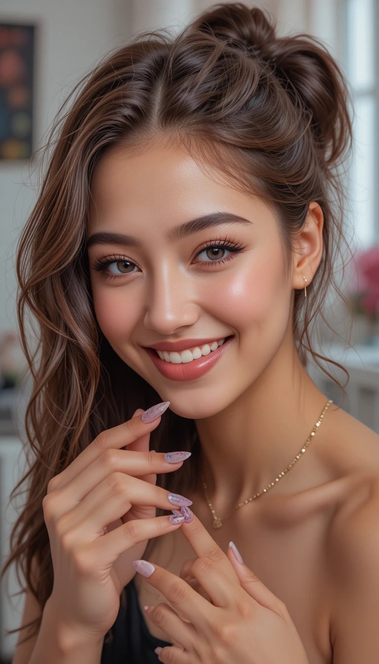 Chica bronceada y sonriente haciendo diseño de uñas en el estudio