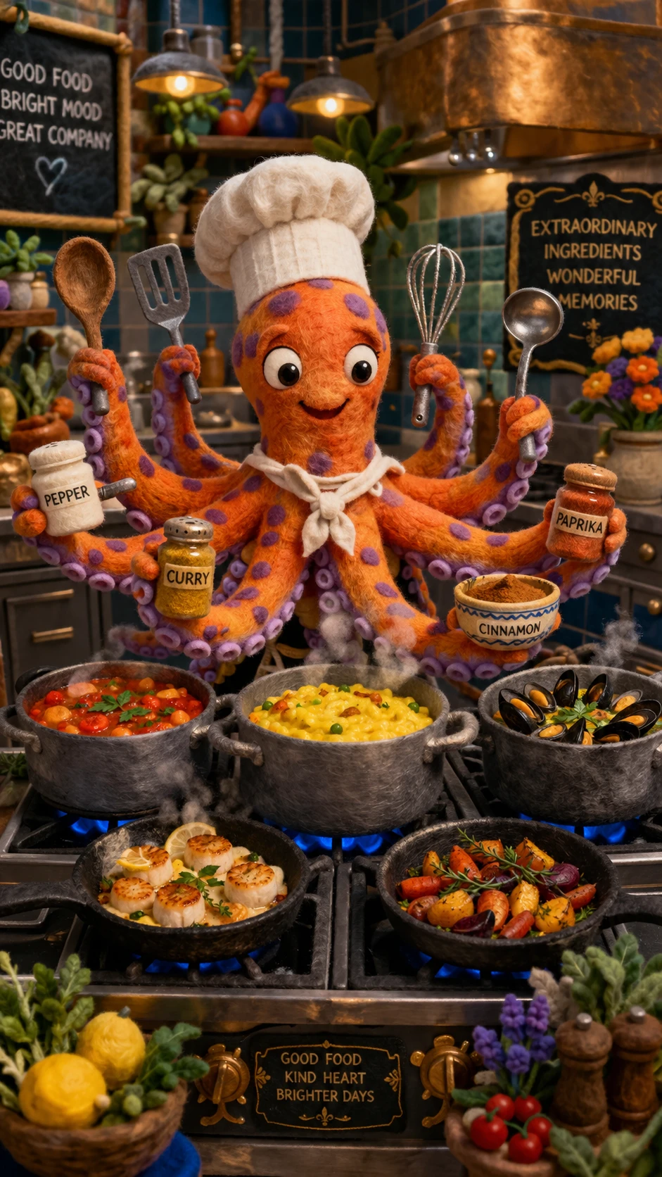 Pulpo chef colorido cocinando en la cocina de un restaurante gourmet