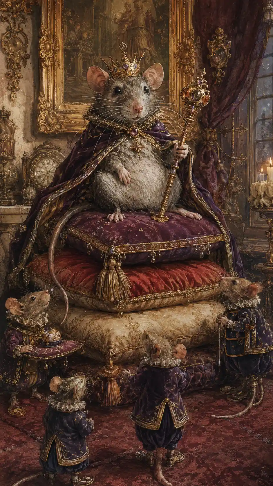 Travieso Rey Rata Sobre Cojines en Habitación Victoriana