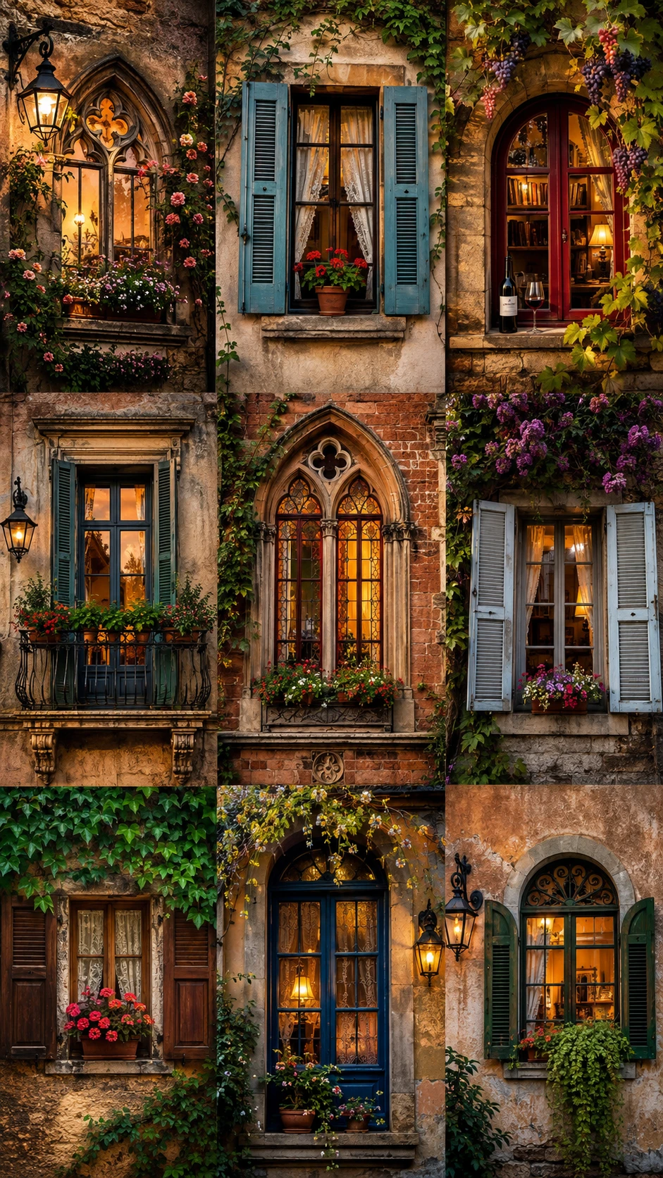 Colorful collage of historical building windows with plants