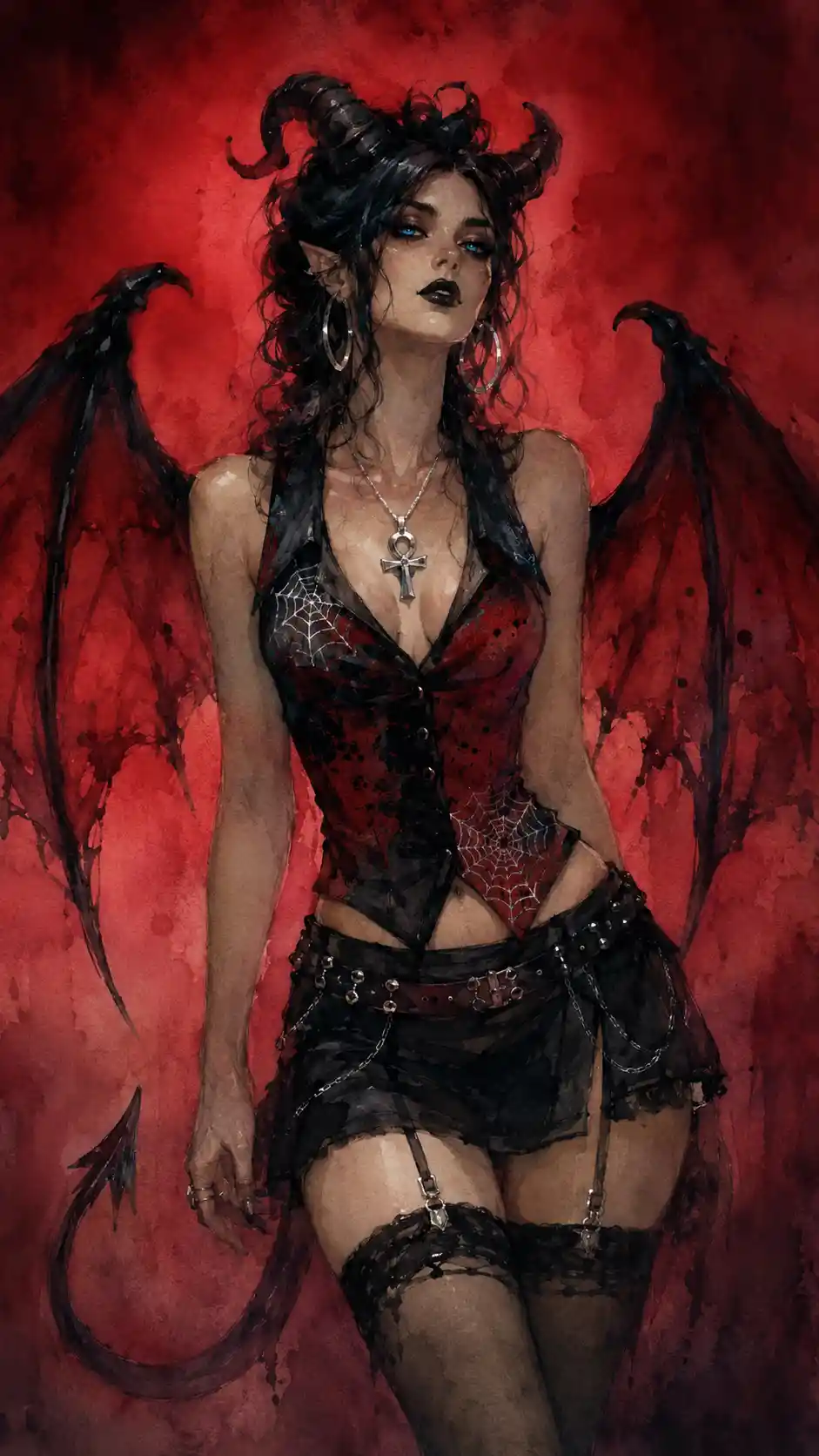 Tiefling woman in goth concert wear with bat wings